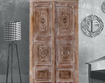 Rustic Antique Indian Cabinet, Shekhawati Tall Cabinet, Floral Carved Armoire, Whitewashed Brass Studs Wardrobe, 79- NEW SHIPMENT
