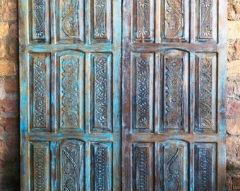 Blue Hues Carved Barndoor, Single, Double, Artistic Vintage Barn Doors, Sliding Barn Door, Rustic Carved Doors, Mindful Decor, 96X36