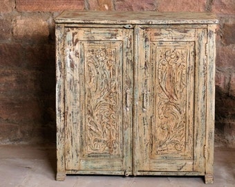 Rustic Antique Chest Floral Carved Door Sideboard, Teak, Indian Cabinet, Carved Wooden Console, Rustic Vanity Cabinet