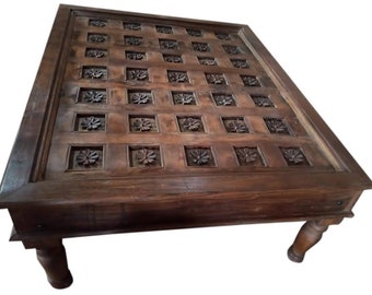Antique Coffee Table Hand Carved Embellished Lotus Rustic Wood Chai Tables Cocktail Table BOHO Interior Design