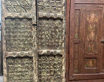 Farmhouse Barn Doors, Rustic Indian Teak Door Panels, Vintage Green Garden doors 80