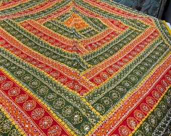 Earthy Tapestry, Green Red Embroidered Bed Throw, Headboard Indian Tapestry, Wall Hanging Tapestry, Vintage Hand Embroidered Bohemian Decor