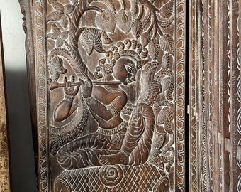 Vintage Fluting KRISHNA under Kadambari Tree, Indian Carved Panel, Wall Sculpture, Barn Door, Reclaimed Wood, Custom TABLE