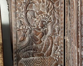 Vintage Fluting KRISHNA under Kadambari Tree, Indian Carved Panel, Wall Sculpture, Barn Door, Reclaimed Wood, Custom TABLE