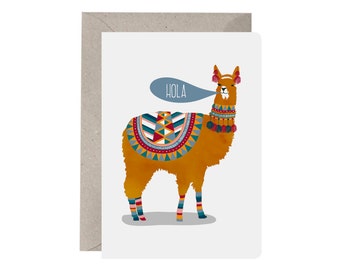 Greeting Card – Hola Llama. Llama Card. Friend Card. Hello Card. Just Because Card. Anything. Blank Cards. Llama Illustration. Funny Cards.