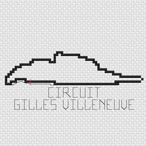 May include: Black and white pixelated illustration of the Circuit Gilles Villeneuve race track. The text "CIRCUIT GILLES VILLENEUVE" is displayed below the track outline on a textured white background.