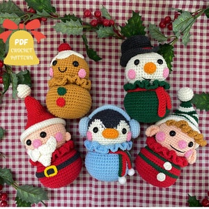 Christmas Ornaments Crochet Pattern, Crochet Christmas Amigurumi Decoration Include: Santa Claus, Snowman, Elf, Gingerbread Cookie, Penguin