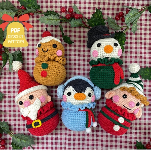 Patrón de crochet de adornos navideños, decoración navideña de crochet amigurumi que incluye: Papá Noel, muñeco de nieve, elfo, galleta de jengibre, pingüino