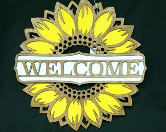 Sunflower Welcome Sign, 3D Layered Wood Welcome Sign, 4 Layer Welcome Sign, Sunflower Door Hanger, Welcome Sign, Sunflower Decor