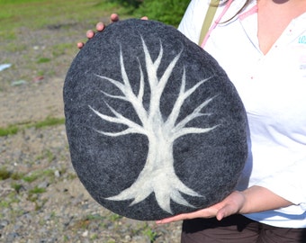 Felted soft and big pillow, wool stone, painted stone, cushion, tree on a stone