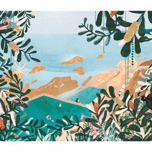 Bermagui Blue Pool — Mittags Version — Kunstdruck, Ocean Pool, Rockpool, Swim Poster, schwarzer Kakadu, australischer Künstler, Sapphire Coast