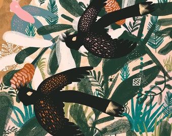 Birds of the Blue Pool — Art Print, Australian Birds Wall Art, Galah and Black Cockatoos, Birds and Plants Decorative Print
