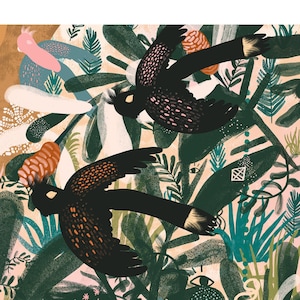 Birds of the Blue Pool — Art Print, Australian Birds Wall Art, Galah and Black Cockatoos, Birds and Plants Decorative Print