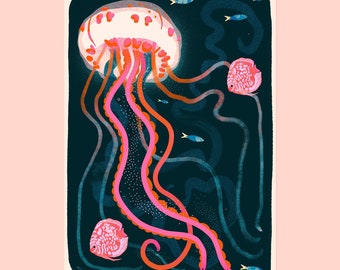 Vibrant Jellyfish — Art Print, Ocean Animal Wall Art, Sea Life Print, Colourful Art, Hand Illustrated Inky Print