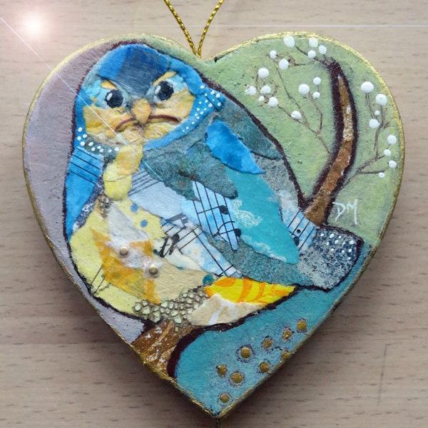 Grumpy Blue-tit - Small Heart, Original Collage Decorative Hanger