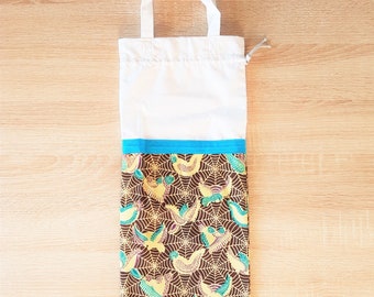 Lined bread bag, drawstringed, African fabric, spider web, brown, blue and white