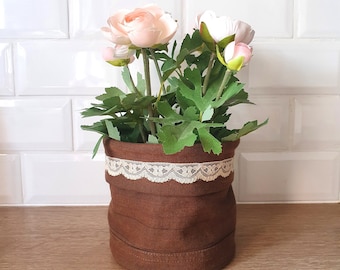 Corbeille de rangement en tissu doublé, 100% récup, marron et dentelle, bohème