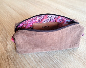 Petite trousse rectangle zippée et doublée en velours, 100% récup, marron et rose