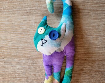Colorful fabric cat, soft colors, multicolored, green and purple, unique piece