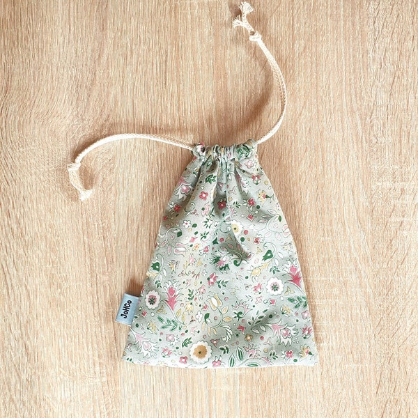 Sac à vrac, taille S, à cordons, zéro déchet, vert amande et fleurs, upcycling