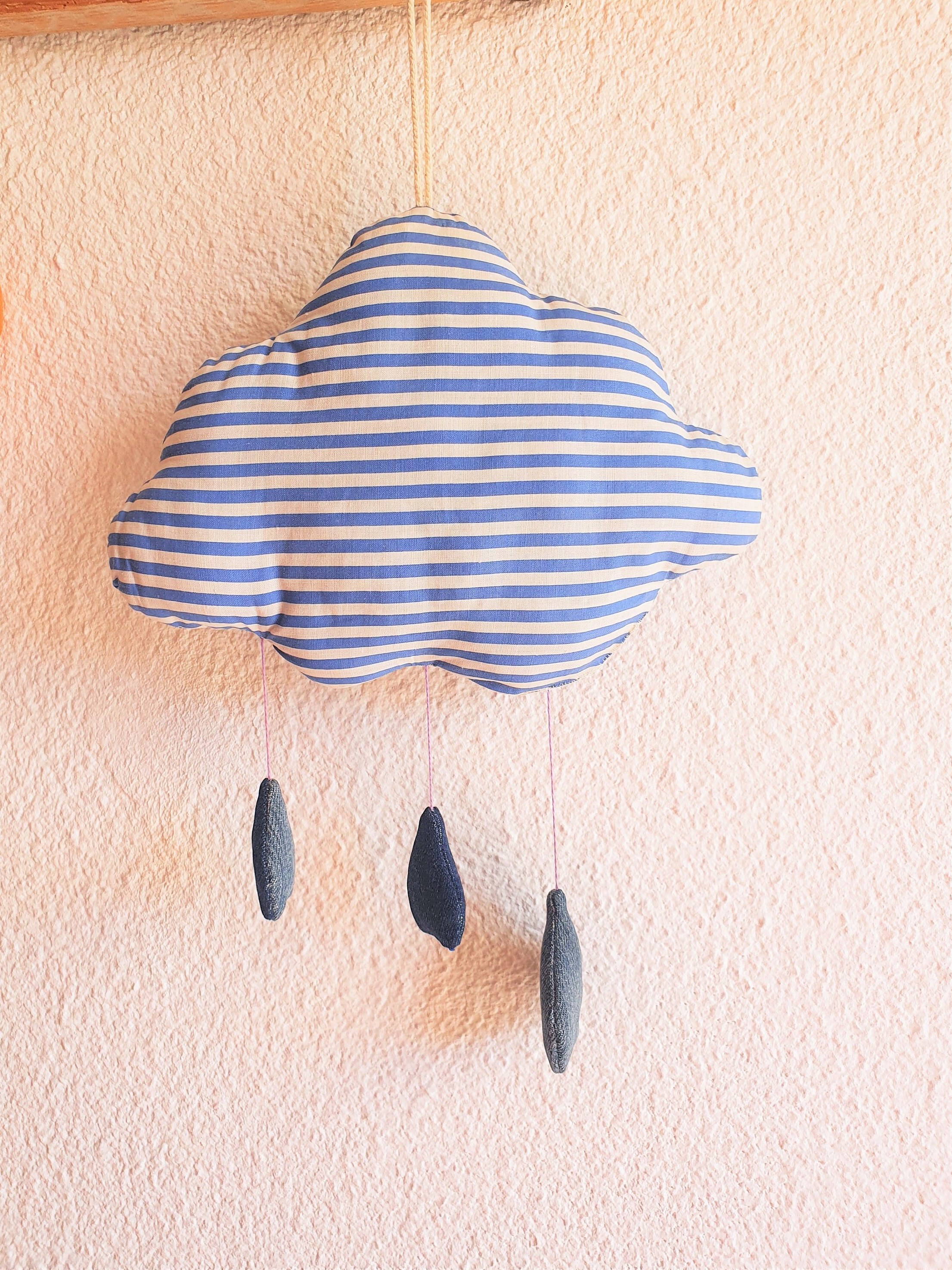 Nuage en Tissu à Suspendre, Décoration de Chambre, Rayures Bleu et Blanc, Jean