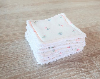 Lot de 7 lingettes démaquillantes lavables, 100% récup, upcycling, crème et motifs fleurs, printemps