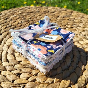 Set of 7 washable makeup remover wipes, 100% recycled, mismatched, "flowers" theme, spring