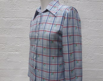 Silk shirt, womens vintage clothing 1950s blouse. Retro 60s checked blue red ,Swiss made for Harrods.