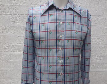 Silk shirt, womens vintage clothing 1950s blouse. Retro 60s checked blue red ,Swiss made for Harrods.