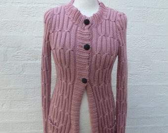 Cable cardigan small womens clothing, ecofriendly winter knit chunky & stretchy long-line jacket hand made 1980s with pockets.
