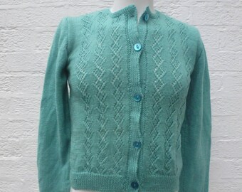 Cardigan green vintage 1980s clothing British womens handmade top handknit cottage chic, retro granny knit sweater