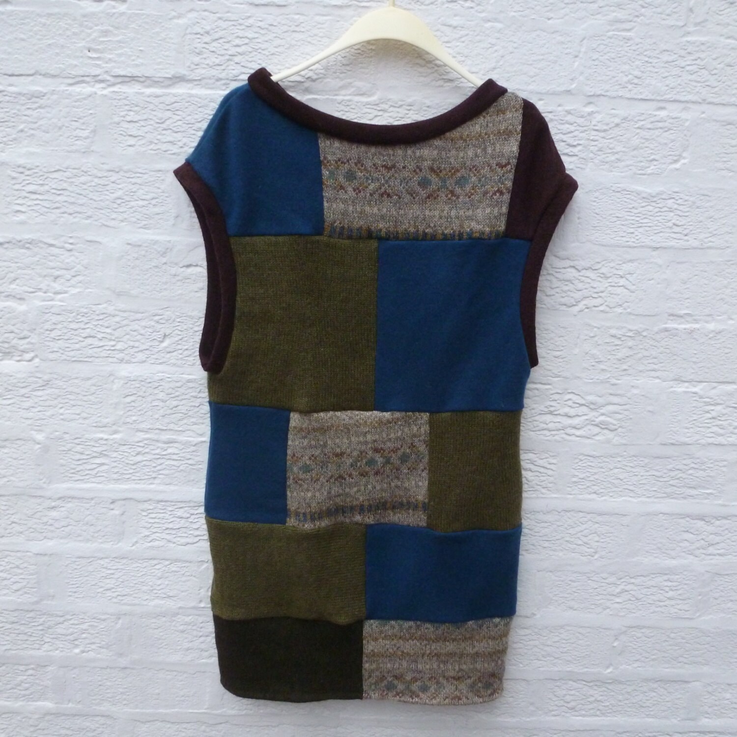 Image of Boho Tank Top Patchwork Long Sleeveless Jumper Dress, Women's Handmade Pullover Sweater Tank, Eco-Friendly Woollen Uk Winter Clothing