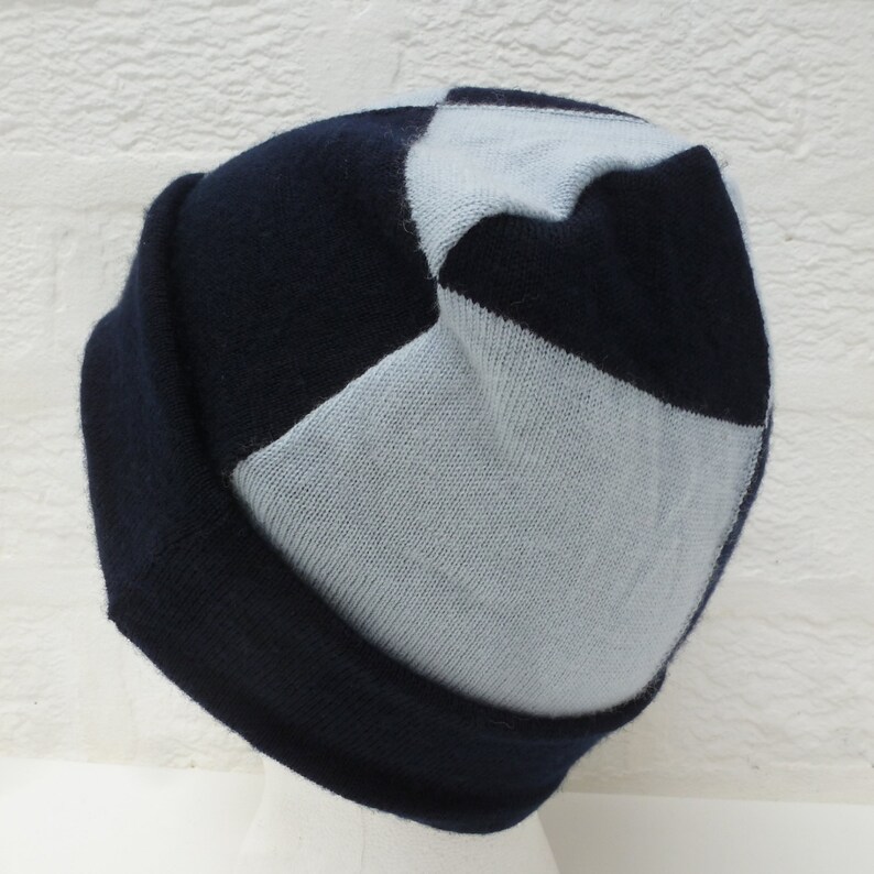 two-tone blues hat. Fine Lambswool knitwear skull capwatch hat Blue colour block beanie hat earth friendly accessory handmade winter hat