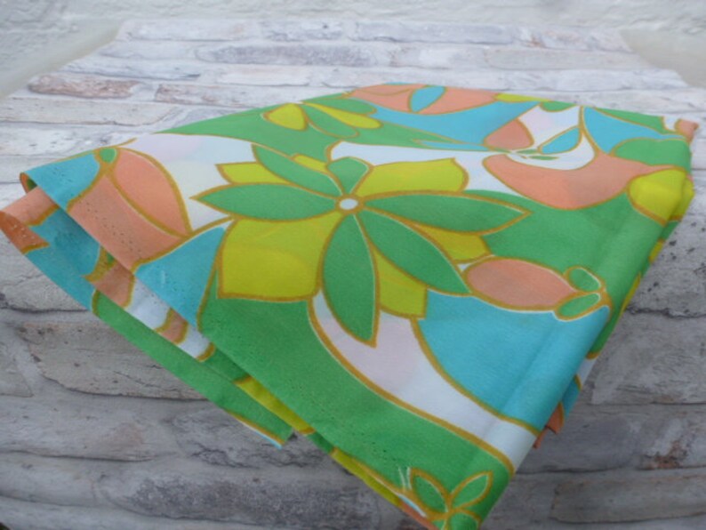 Craft supplies vintage fabric polyester cloth green floral print material home decor 70s blue yellow.