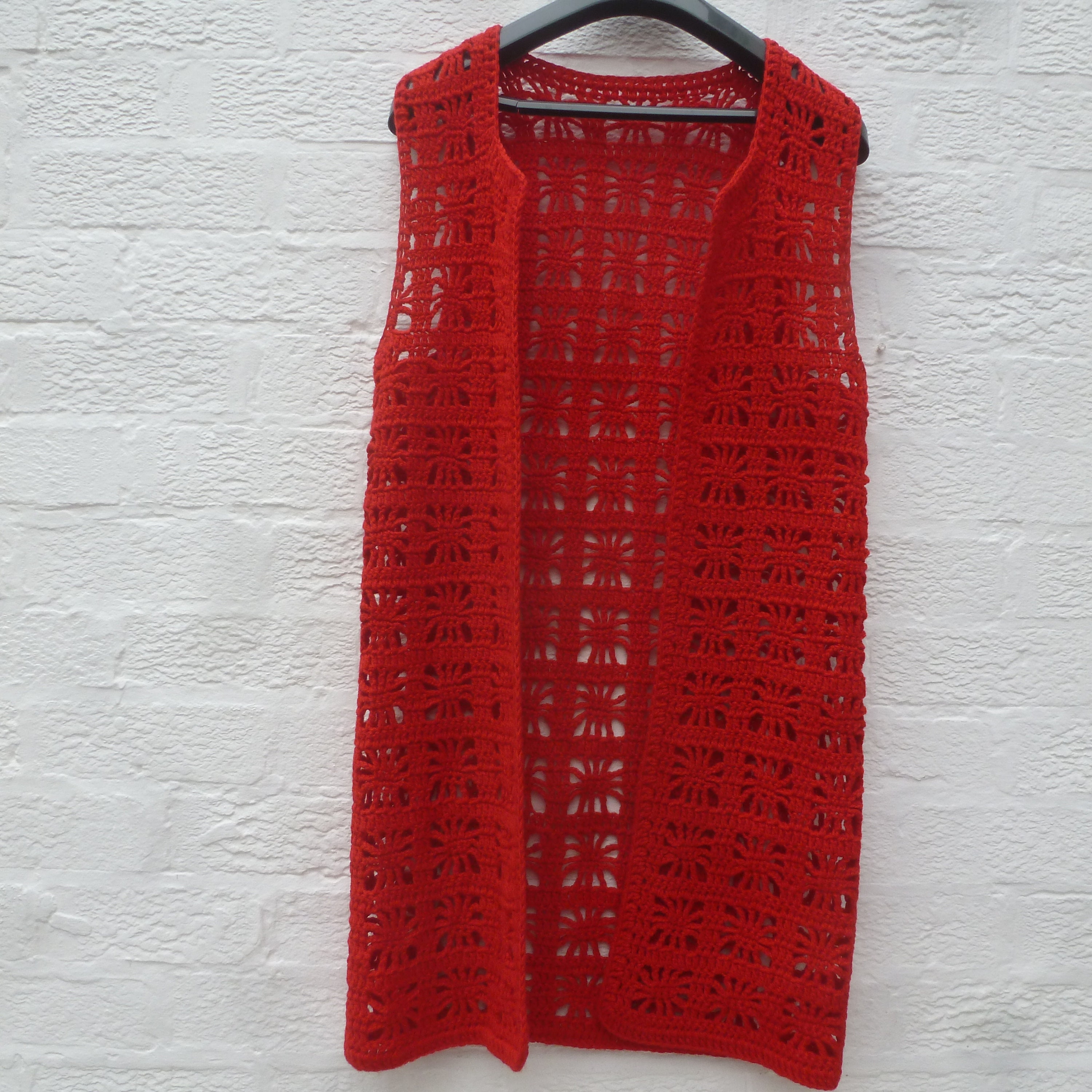 Image of Red Wool Granny Chic Crochet Waistcoat, Long Top Sleeveless Clothing Handmade, Retro Vintage "S Hippie Vest.