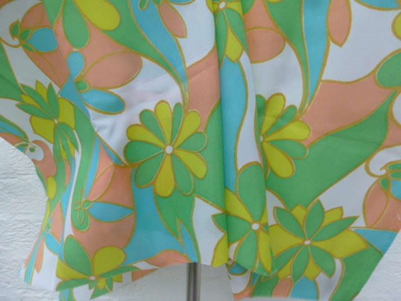Craft supplies vintage fabric polyester cloth green floral print material home decor 70s blue yellow.