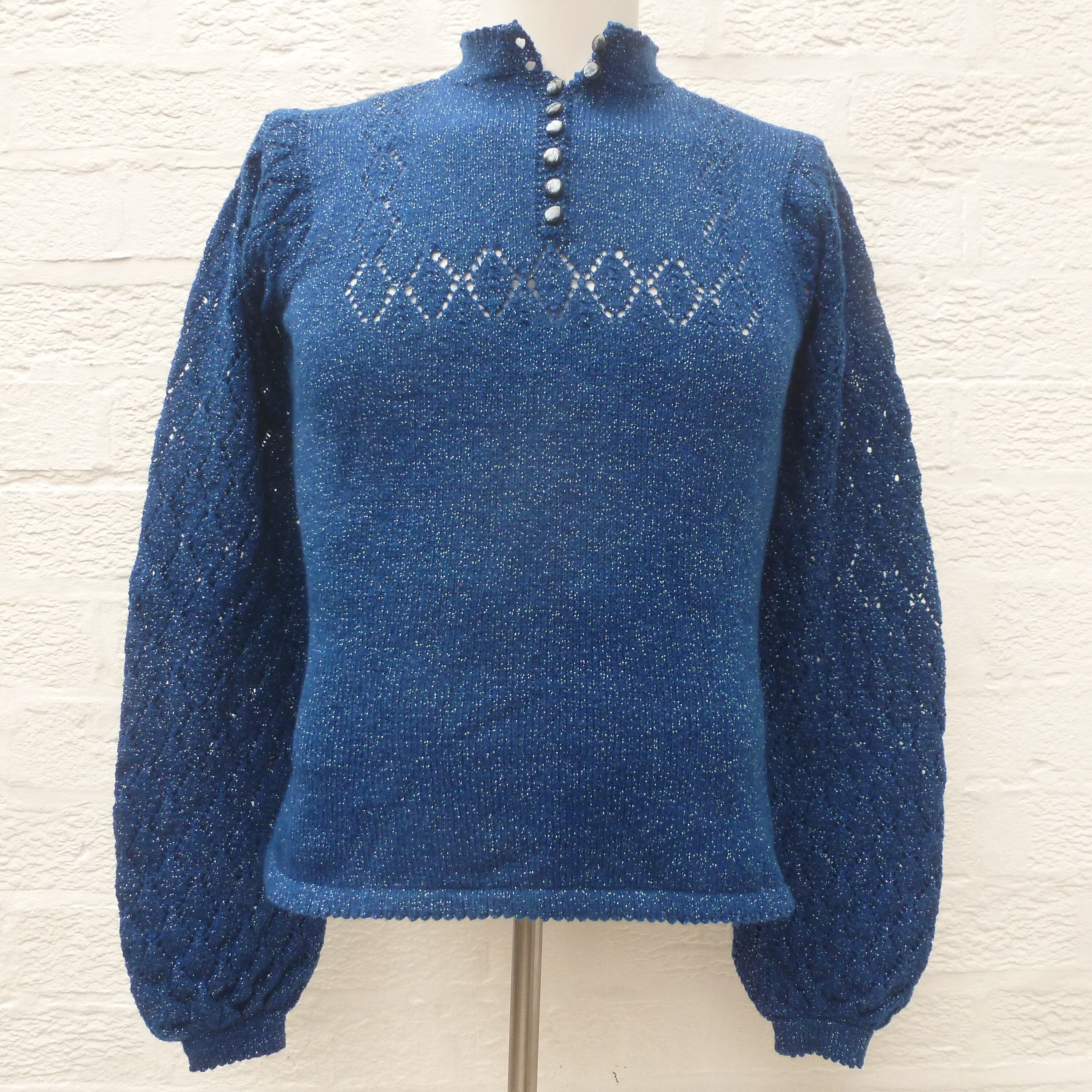 Image of Blue Pullover Sweater Hand Made Women's Vintage Top. S Knit Jumper Ladies Retro Silvery Sweater, Vintage England Heritage Chic Clothing