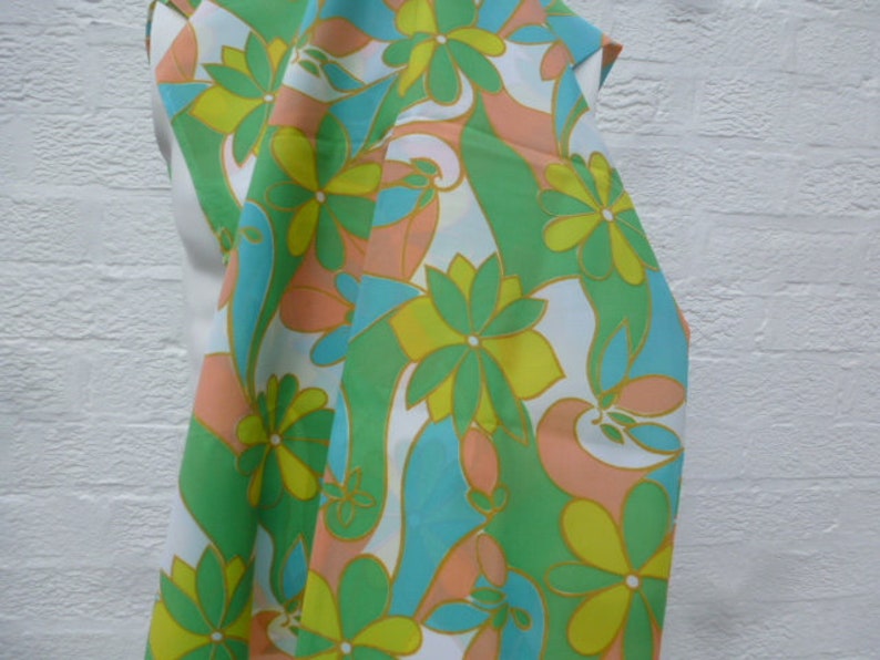 Craft supplies vintage fabric polyester cloth green floral print material home decor 70s blue yellow.