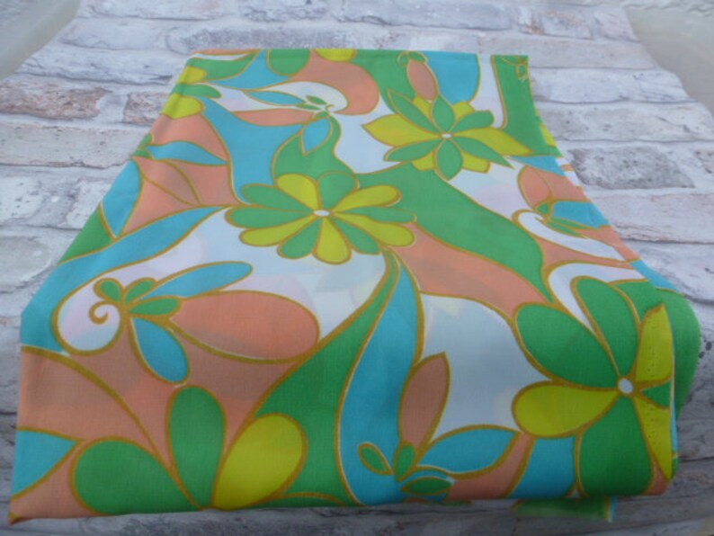 Craft supplies vintage fabric polyester cloth green floral print material home decor 70s blue yellow.