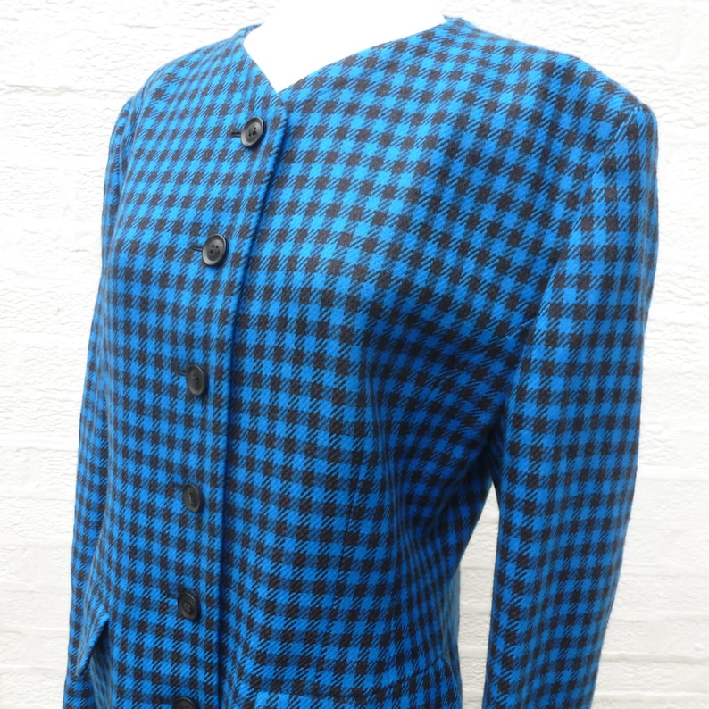 vintage wool clothing Blue black check jacket ladies size 12 UK 1980s boxy smart collarless spencer style women/'s blazer.