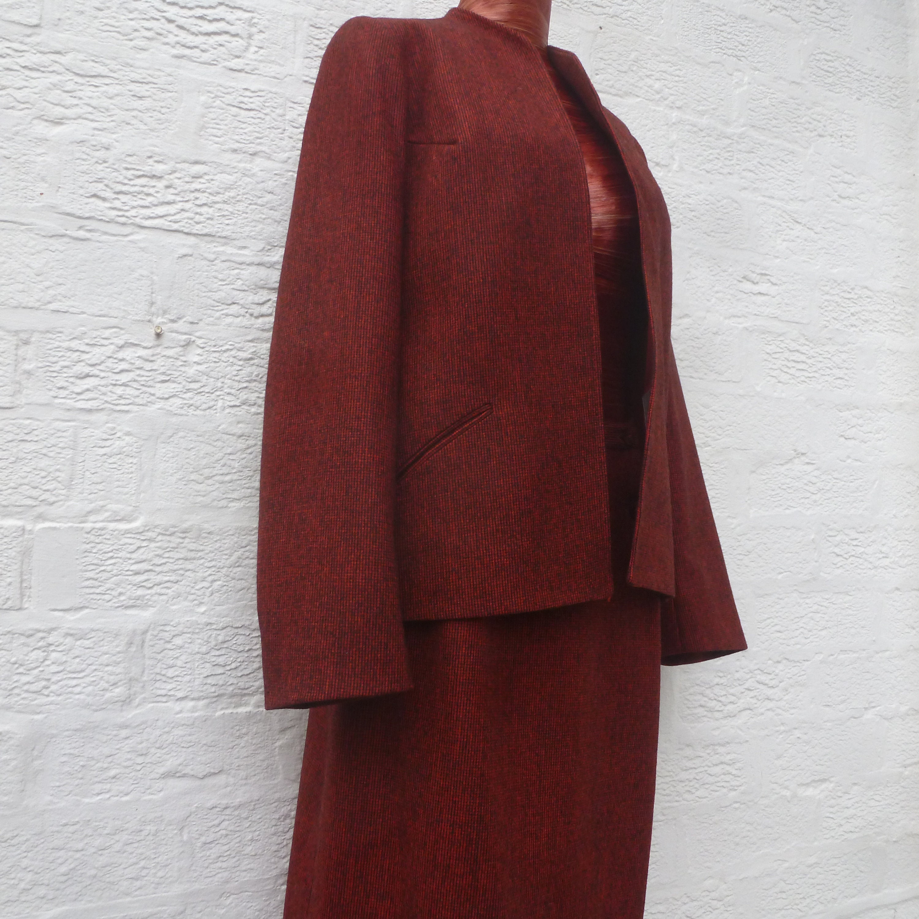Image of Vintage Womens Wool Skirt Suit, Dereta London England Clothing. S Two Piece Outfit, Jacket & Skirt. Small Copper Brown "S Fashion