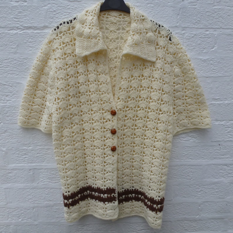 Crochet vintage top womens clothing ladies handmade cardigan winter wool chunky top 80s fall festival hippie.