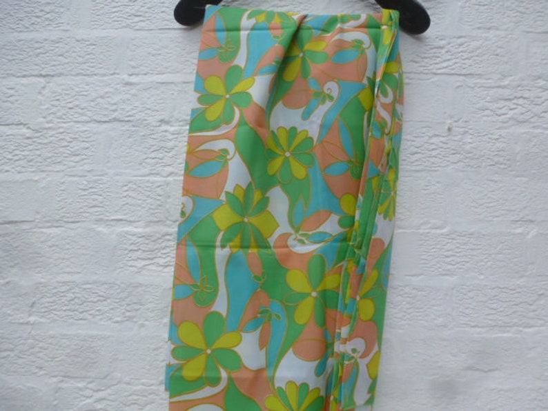 Craft supplies vintage fabric polyester cloth green floral print material home decor 70s blue yellow.