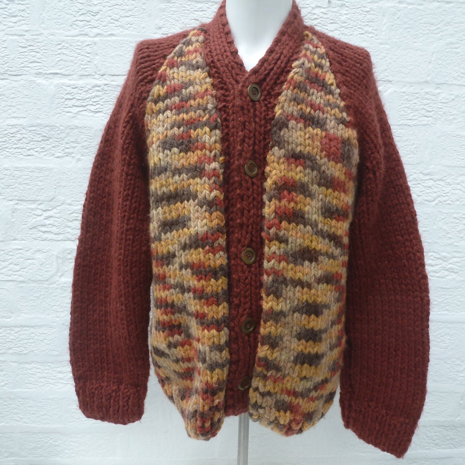 Image of Vintage Cardigan Woodland Camo Knit Clothing, Retro Chunky Large Mens Button Up Winter Sweater, Rich Brown Wool 1980S Hand Made Knitwear