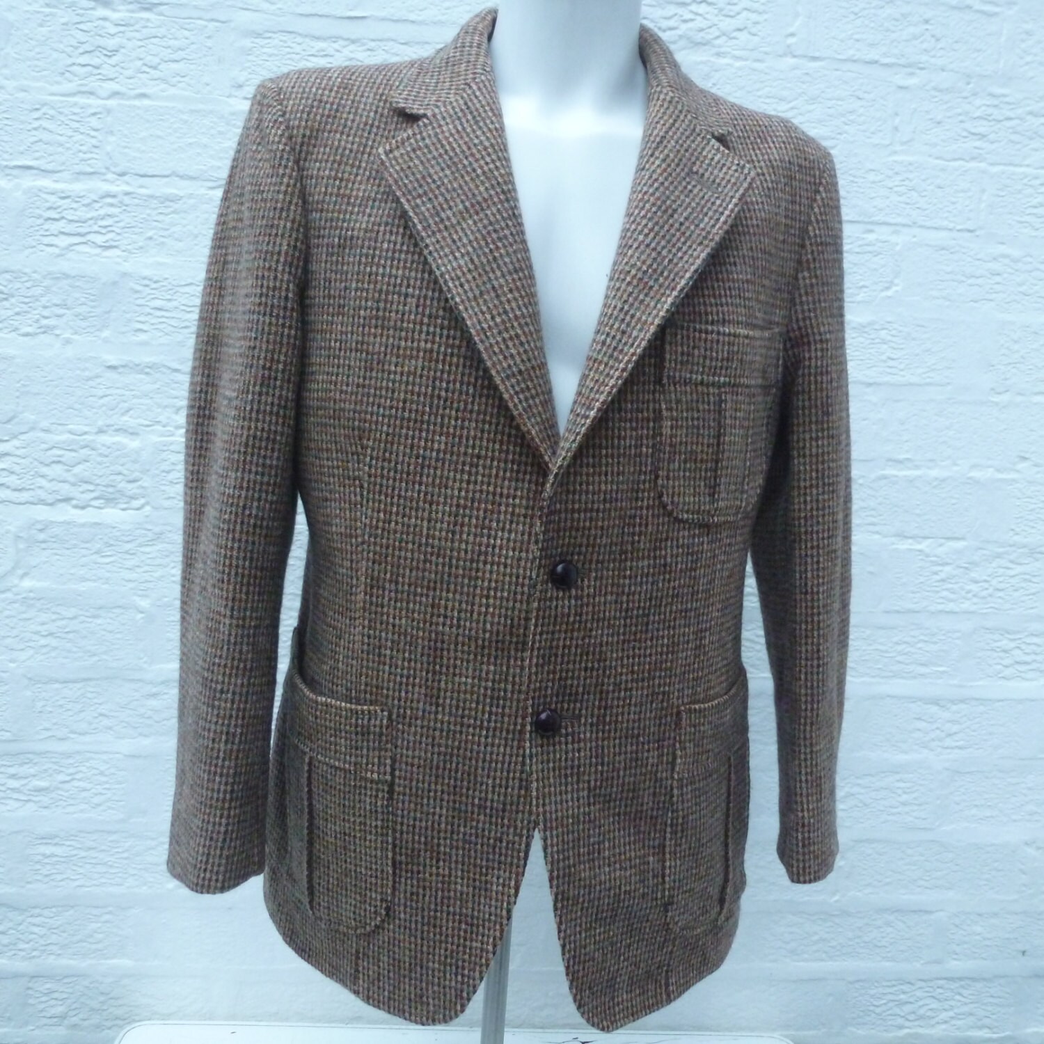 Image of Mens 1960S Wool Jacket Harris Tweed Clothing Mens Fashion Green Brown Winter Clothes Hand Woven Blazer Vintage Gift British Uk
