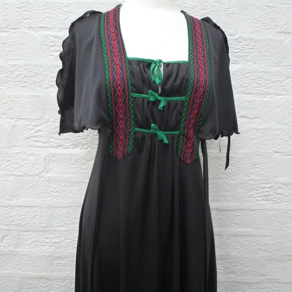 Vintage festival dress 1960s black boho clothing women's petite hippy folk style long dress Small lady UK size 10 Black maxi  60's bohemian.