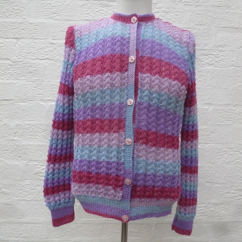 Handknit vintage cardigan ultra violet purple stripe knitwear.. womens granny chic knitted clothing 1980s small top ooak gift for her