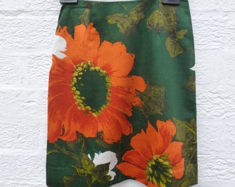 Flower skirt, handmade clothing A-line skirt, hippie floral orange & green sustainable fashion, Eco-friendly material.