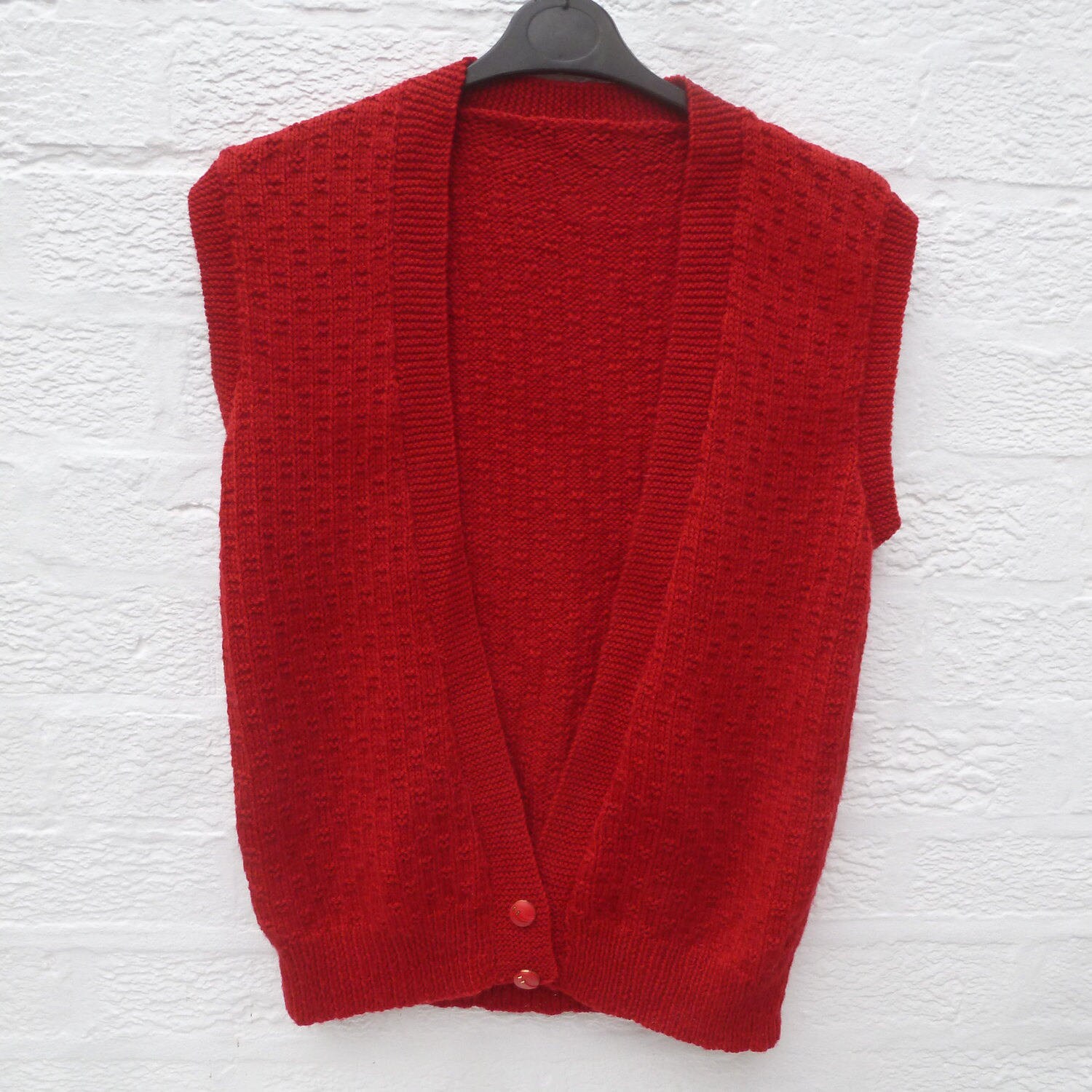 Image of Granny Knit Vest, Sleeveless Cardigan Top Red Clothing, Vintage Chunky Winter Rustic Retro Fashion, S Womens Hand Made From Uk