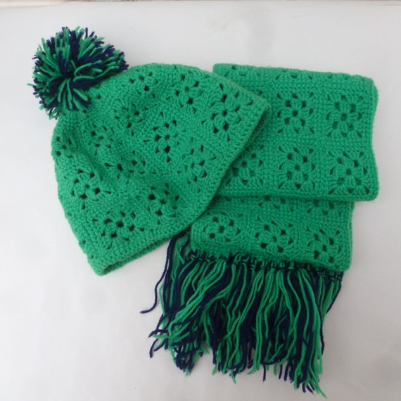Hat ladies scarf crochet green wool granny hat and